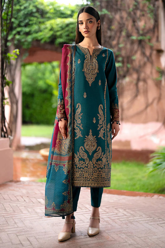 BrandsInn- 3PC DHANAK EMBROIDERED SHIRT WITH WOOL PRINT SHAWL AND TROUSER-BI-4056