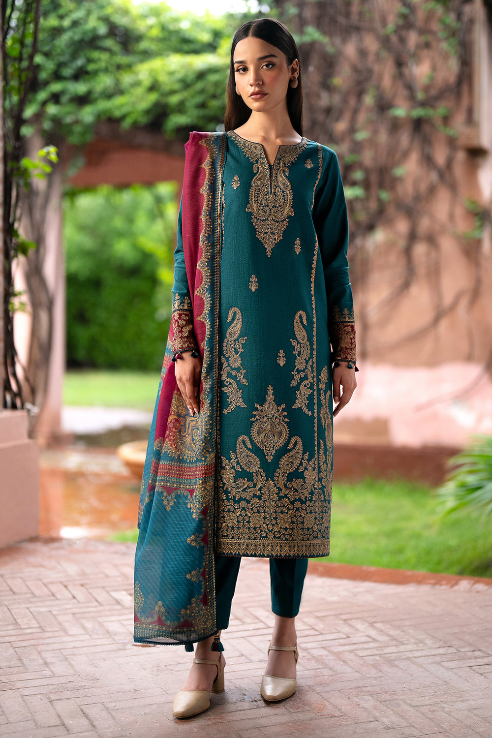 JAZMIN- 3PC LAWN EMBROIDERED SHIRT WITH MONARK PRINT DUPATTA AND TROUSER-BI-3581