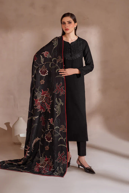 BrandsInn-3PC DHANAK EMBROIDERED SHIRT WITH DHANAK EMBROIDERED SHAWL & TROUSER-BI-4129