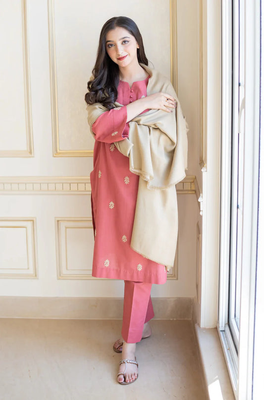 BrandsInn- 3PC DHANAK EMBROIDERED SHIRT WITH DHANAK SHAWL AND TROUSER-BIC-4020