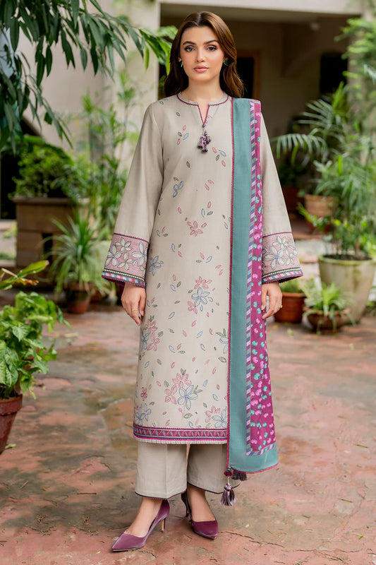 BrandsInn-3PC DHANAK EMBROIDRED SHIRT WITH WOOL PRINT SHAWL AND TROUSER-BI-4068