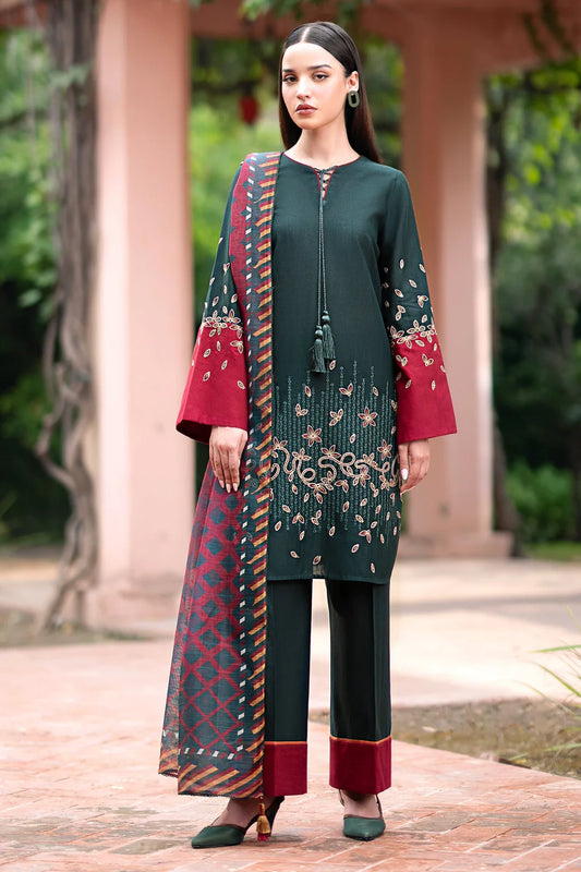BrandsInn-3PC DHANAK EMBROIDRED SHIRT WITH WOOL PRINT SHAWL AND TROUSER-BI-4077