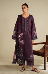 BrandsInn-3PC DHANAK EMBROIDERED SHIRT WITH COURTRAI PRINTED SHAWL & TROUSER-BI-4317