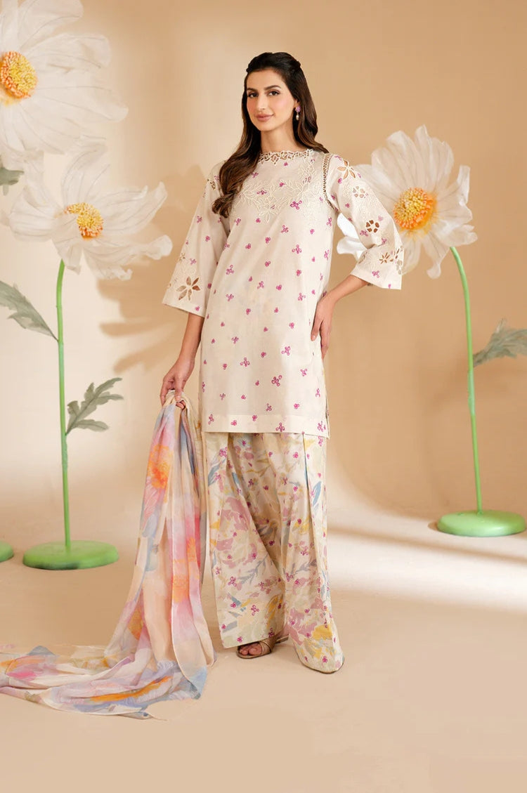 BrandsInn-3PC LAWN PRINTED EMB SHIRT WITH SILK PRINTED DUPATTA AND PRINTED TROUSER-BI-052