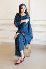 BrandsInn-3PC DHANAK EMBROIDERED SHIRT WITH DHANAK EMBROIDERED SHAWL & TROUSER-BI-4048