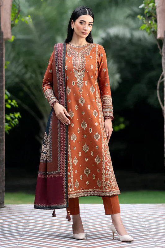 BrandsInn-3PC DHANAK EMBROIDERED SHIRT WITH COURTRAI PRINTED SHAWL AND TROUSER-BI-4012