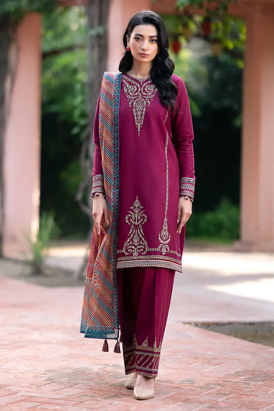 BRANDSINN - 3PC DHANAK EMBROIDERED SHIRT WITH WOOL PRINTED SHAWL & TROUSER -BI-4036