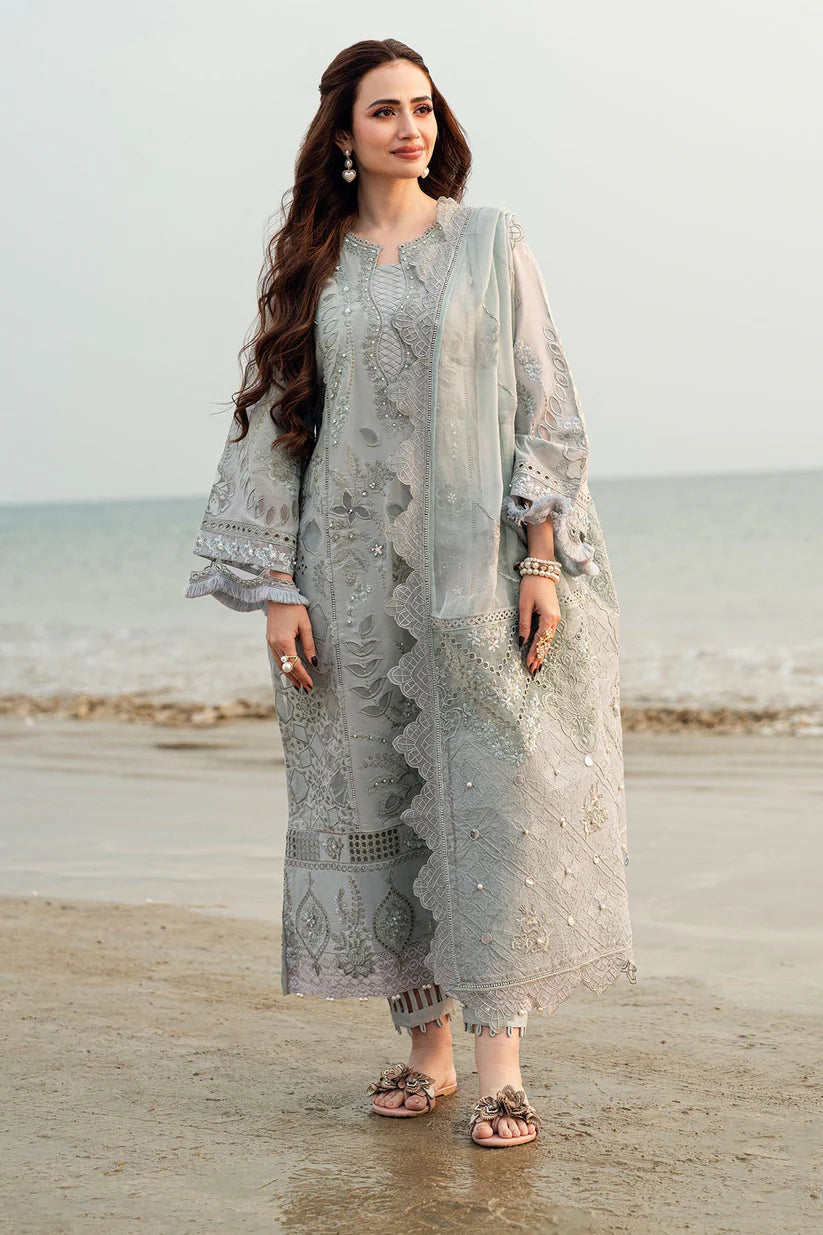 BrandsInn-3PC DHANAK LASER WORK EMBROIDERED SHIRT WITH CHIFFON EMBROIDERED DUPATTA & TROUSER-BI-4214