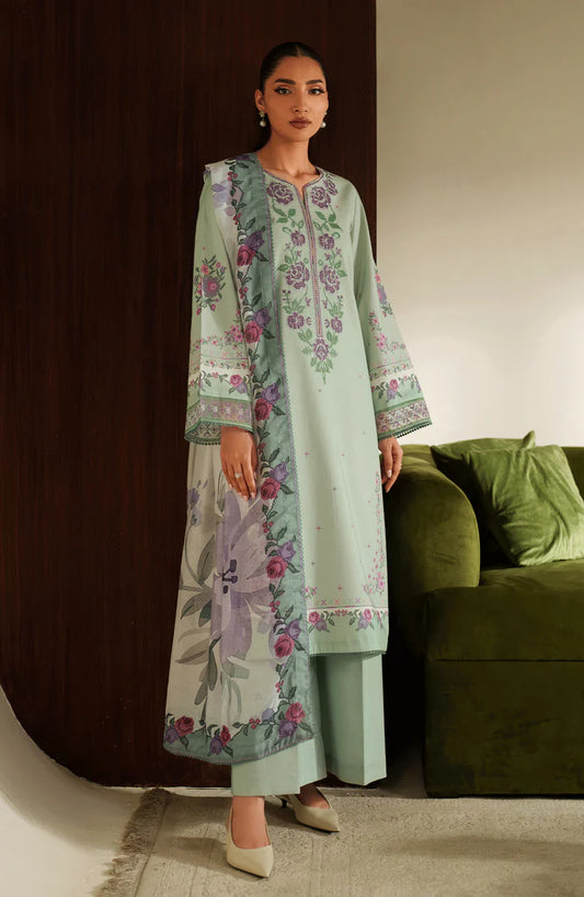 BrandsInn-3PC DHANAK EMBROIDERED SHIRT WITH COURTRAI PRINTED SHAWL & TROUSER-BI-4322