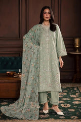 BrandsInn-3PC DHANAK EMBROIDERED SHIRT WITH COUTRAI PRINTED SHAWL AND TROUSER-BI-5191