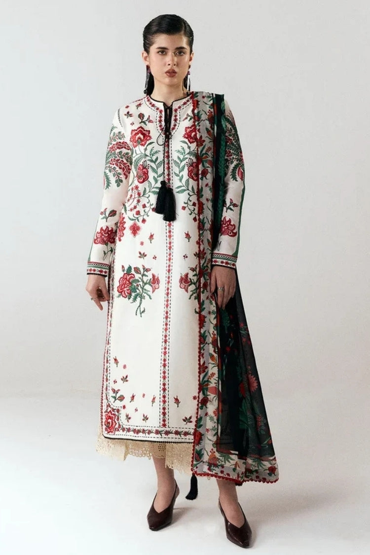 BrandsInn-3PC DHANAK EMBROIDERED SHIRT WITH WOOL PRINTED SHAWL AND EMB TROUSER-BI-5244