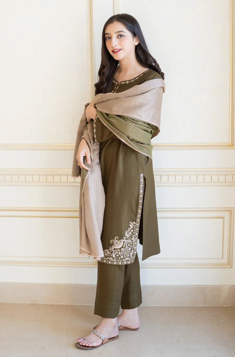 BrandsInn-3PC DHANAK EMBROIDERED SHIRT WITH COURTRAI PRINTED SHAWL & TROUSER-BI-4143