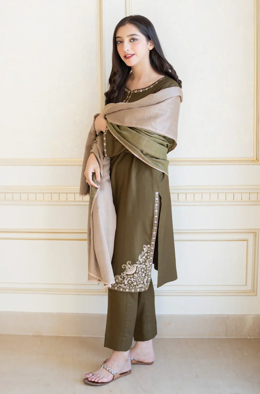 BrandsInn-3PC DHANAK EMBROIDERED SHIRT WITH COURTRAI PRINTED SHAWL & TROUSER-BI-4143