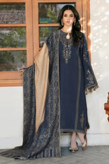 BrandsInn-3PC DHANAK EMBROIDERED SHIRT WITH COUTRAI PRINTED SHAWL & TROUSER-BI-5150