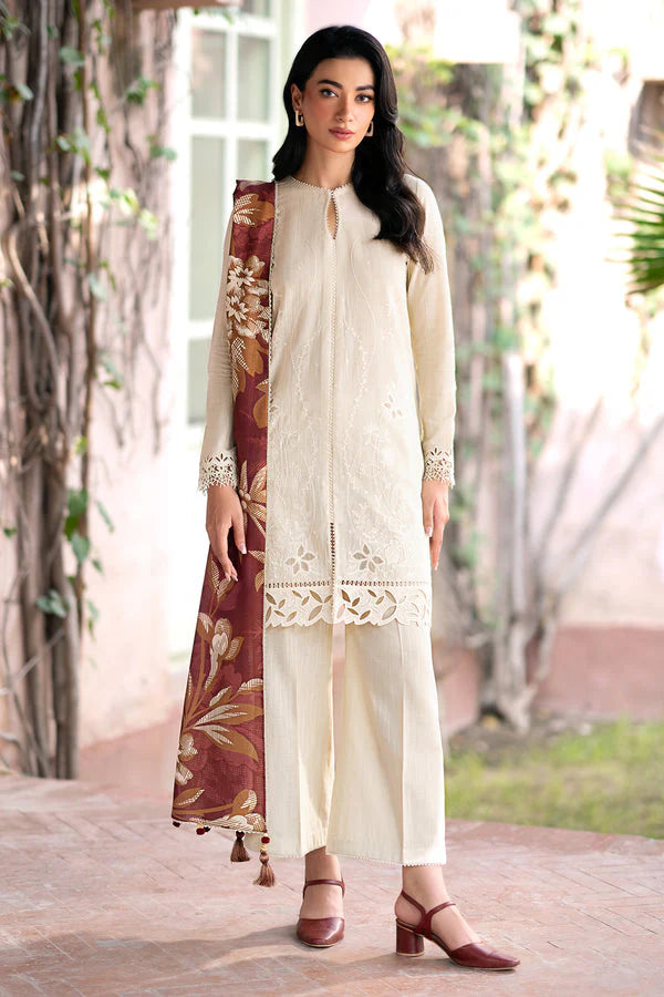 BrandsInn- 3PC DHANAK EMBROIDERED SHIRT WITH WOOL PRINT SHAWL AND TROUSER-BI-4071
