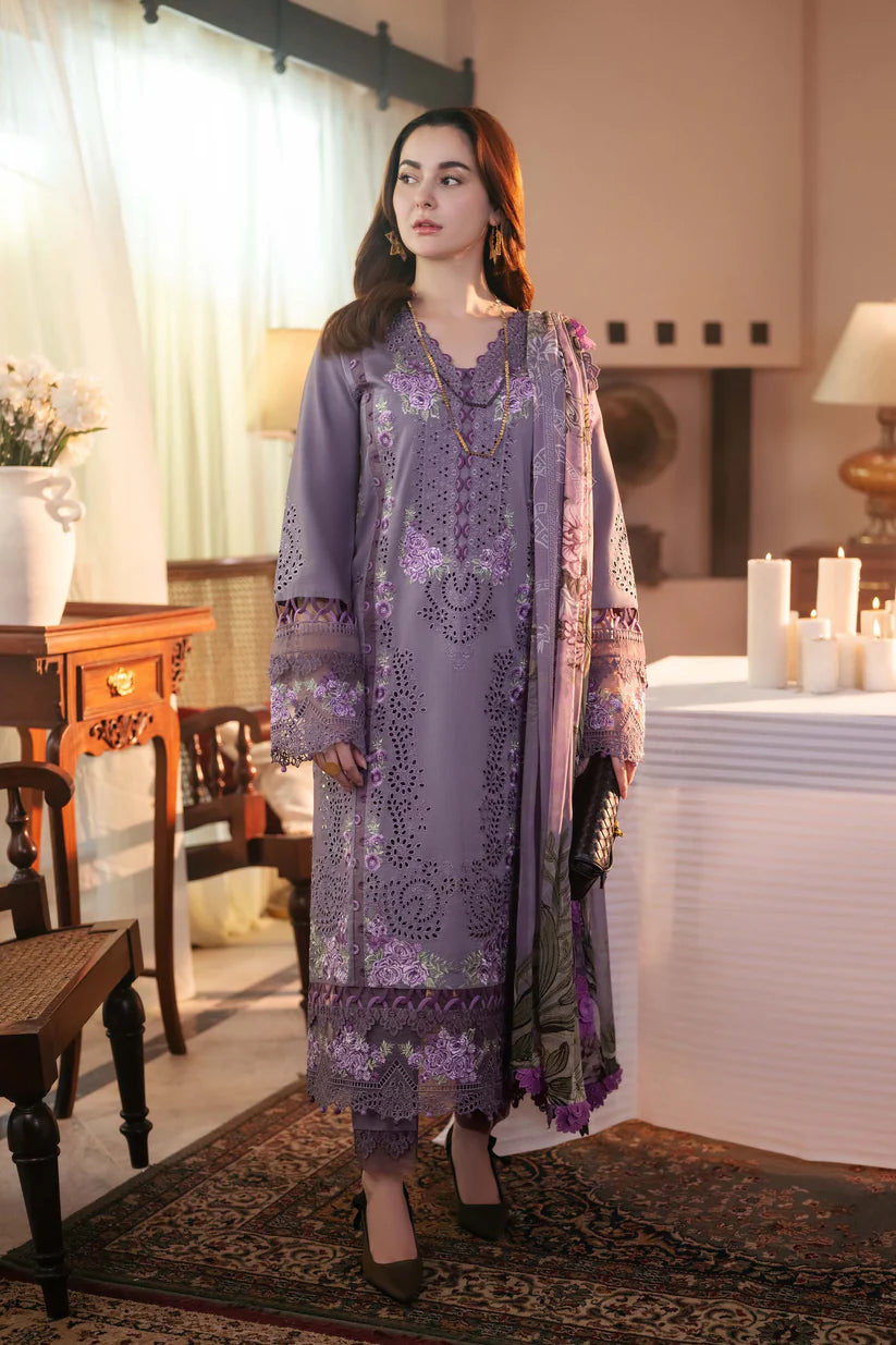 BrandsInn-3PC DHANAK CHIKAN EMBROIDERED SHIRT WITH COURTRAI PRINTED SHAWL AND TROUSER-BI-4166