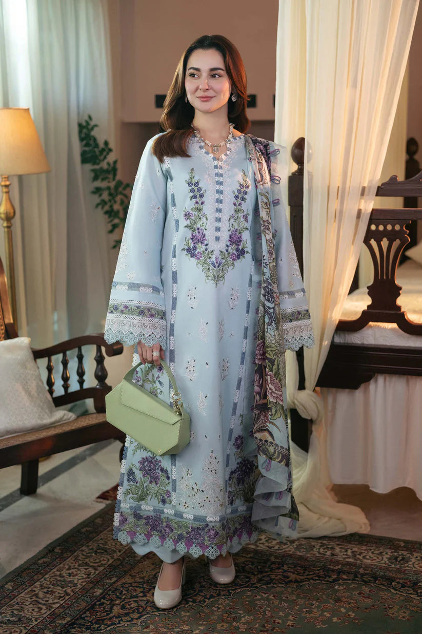 BrandsInn-3PC DHANAK EMBROIDERED SHIRT WITH COURTRAI PRINTED SHAWL AND TROUSER-BI-4176