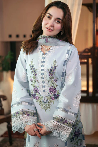 BrandsInn-3PC DHANAK EMBROIDERED SHIRT WITH COURTRAI PRINTED SHAWL AND TROUSER-BI-4176