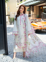 BrandsInn-3PC LAWN CHIKEANKARI EMBROIDERED SHIRT WITH CHIFOON PRINTED DUPATTA AND TROUSER-BI-4764