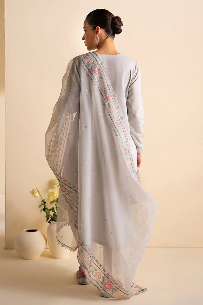 BrandsInn-3PC DHANAK EMBROIDERED SHIRT WITH ORGANZA EMBROIDRED DUPATTA AND TROUSER--BI-4086