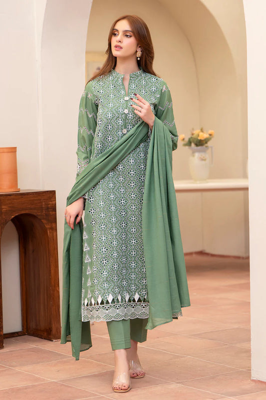 BrandsInn-3PC LAWN CHIKENKARI EMBROIDERED SHIRT WITH LAWN TUBE SLUB DUPATTA--BI-327