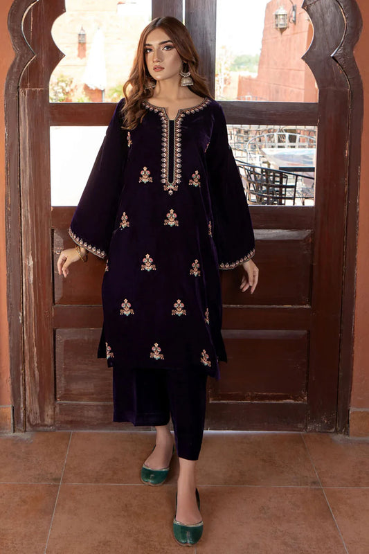 BRANDSINN - 2PC VELVET HEAVT EMBROIDERED SHIRT WITH VELEVT EMBROIDERED SLEEVES & VELVET TROUSER-BIC-D22 MICROO 9000-BI-4038
