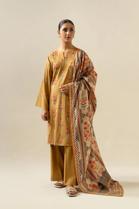 BrandsInn- 3PC Dhanak Embroidered Shirt With Twil Print Wool Shawl & Trouser-BI-4083