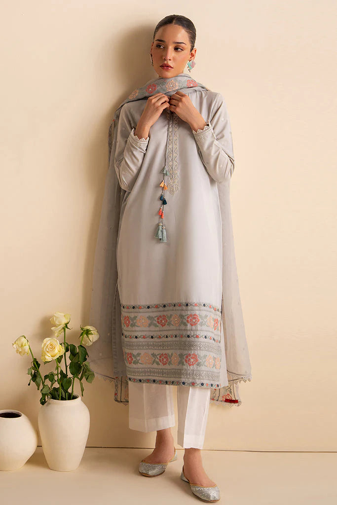 BrandsInn-3PC DHANAK EMBROIDERED SHIRT WITH ORGANZA EMBROIDRED DUPATTA AND TROUSER--BI-4086