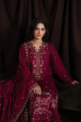 BrandsInn-3PC DHANAK EMBROIDERED SHIRT WITH DHANAK EMBROIDERED SHAWL AND TROUSER-BI-4403