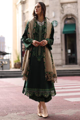 BrandsInn-3PC DHANAK EMBROIDERED SHIRT WITH COUTRAI PRINTED SHAWL AND EMB TROUSER-BI-5321