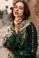 BrandsInn-3PC DHANAK EMBROIDERED SHIRT WITH COUTRAI PRINTED SHAWL AND EMB TROUSER-BI-5321