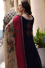 BrandsInn-3PC DHANAK EMBROIDERED SHIRT WITH COUTRAI PRINTED SHAWL AND EMB TROUSER-BI-5318