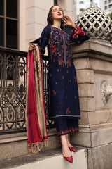 BrandsInn-3PC DHANAK EMBROIDERED SHIRT WITH COUTRAI PRINTED SHAWL AND EMB TROUSER-BI-5318