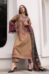 BrandsInn-3PC DHANAK EMBROIDERED SHIRT WITH COUTRAI PRINTED SHAWL AND EMB TROUSER-BI-5319