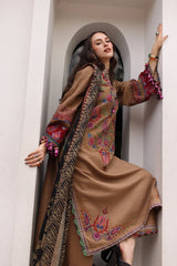 BrandsInn-3PC DHANAK EMBROIDERED SHIRT WITH COUTRAI PRINTED SHAWL AND EMB TROUSER-BI-5319