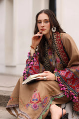 BrandsInn-3PC DHANAK EMBROIDERED SHIRT WITH COUTRAI PRINTED SHAWL AND EMB TROUSER-BI-5319