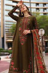 BrandsInn-3PC DHANAK EMBROIDERED SHIRT WITH COUTRAI PRINTED SHAWL AND EMB TROUSER-BI-5320