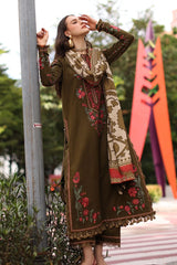 BrandsInn-3PC DHANAK EMBROIDERED SHIRT WITH COUTRAI PRINTED SHAWL AND EMB TROUSER-BI-5320