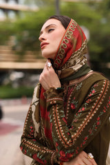 BrandsInn-3PC DHANAK EMBROIDERED SHIRT WITH COUTRAI PRINTED SHAWL AND EMB TROUSER-BI-5320