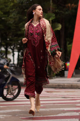 BrandsInn-3PC DHANAK EMBROIDERED SHIRT WITH COUTRAI PRINTED SHAWL AND EMB TROUSER-BI-5317