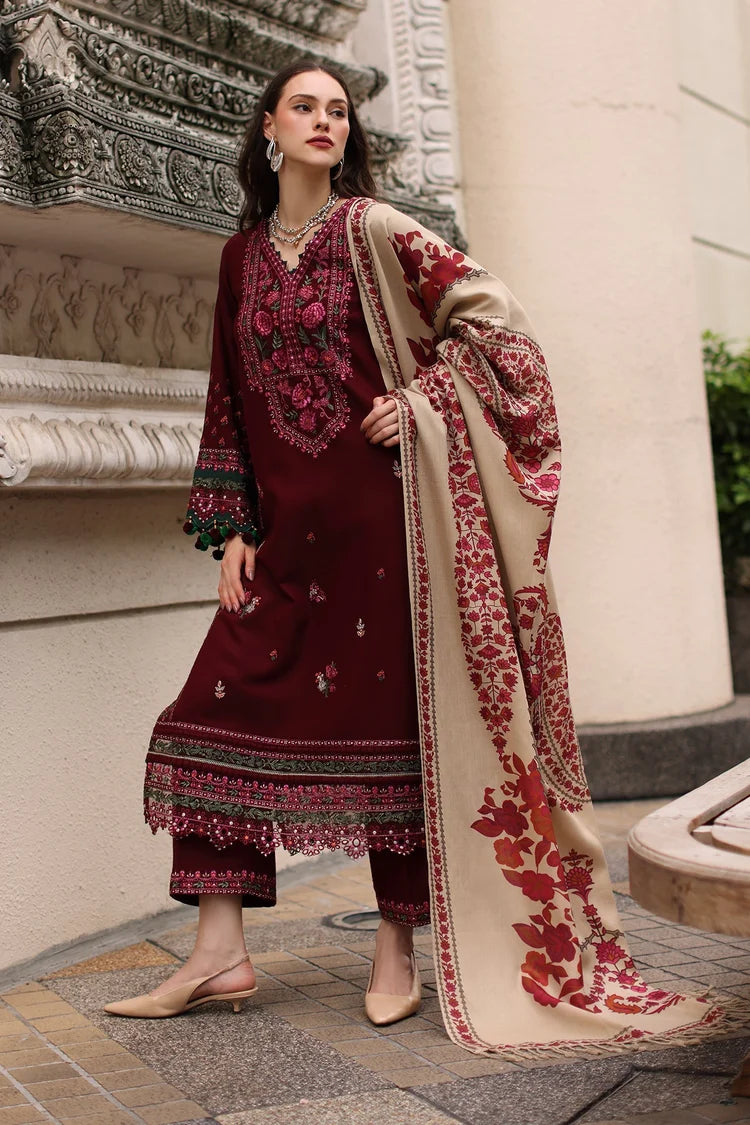 BrandsInn-3PC DHANAK EMBROIDERED SHIRT WITH COUTRAI PRINTED SHAWL AND EMB TROUSER-BI-5317