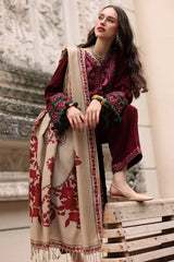 BrandsInn-3PC DHANAK EMBROIDERED SHIRT WITH COUTRAI PRINTED SHAWL AND EMB TROUSER-BI-5317