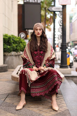 BrandsInn-3PC DHANAK EMBROIDERED SHIRT WITH COUTRAI PRINTED SHAWL AND EMB TROUSER-BI-5317
