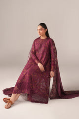 BrandsInn-3PC LAWN PRINTED CHIKAN EMB FROCK WITH SILK PRINTED DUPATTA AND TROUSER-BI-011