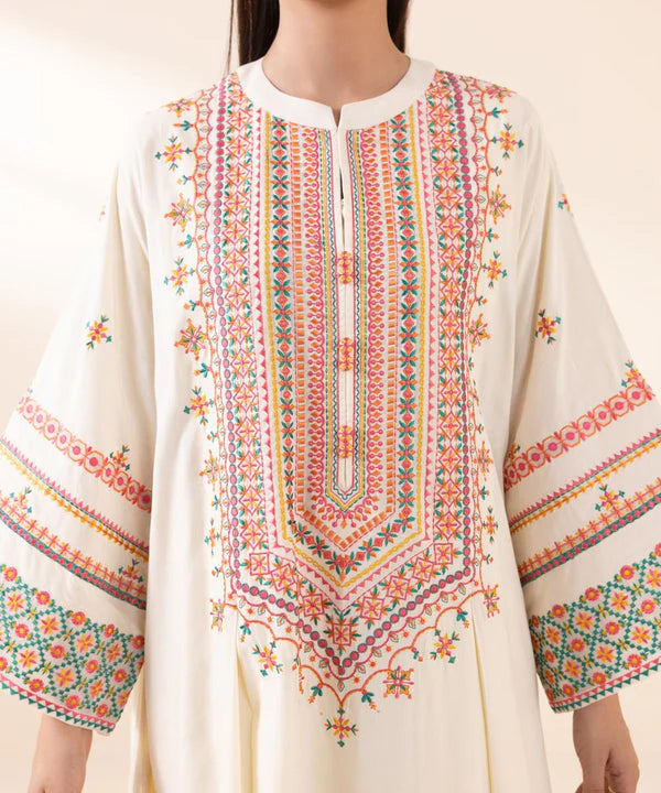 BrandsInn- 3PC DHANAK EMBROIDERED SHIRT WITH WOOL PRINT SHAWL AND TROUSER-BI-4087