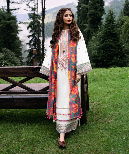 BrandsInn- 3PC DHANAK EMBROIDERED SHIRT WITH WOOL PRINT SHAWL AND TROUSER-BI-4087
