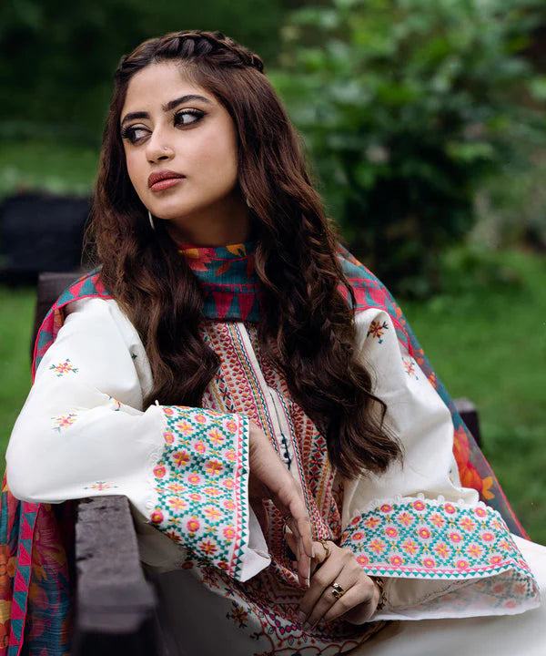 BrandsInn- 3PC DHANAK EMBROIDERED SHIRT WITH WOOL PRINT SHAWL AND TROUSER-BI-4087