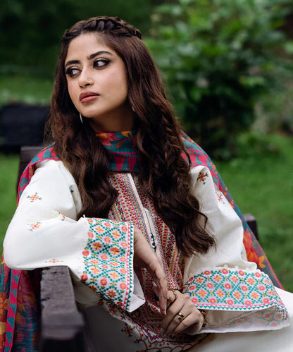 BrandsInn- 3PC DHANAK EMBROIDERED SHIRT WITH WOOL PRINT SHAWL AND TROUSER-BI-4087