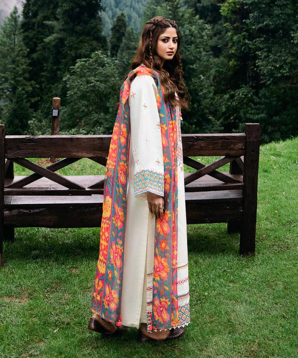 BrandsInn- 3PC DHANAK EMBROIDERED SHIRT WITH WOOL PRINT SHAWL AND TROUSER-BI-4087