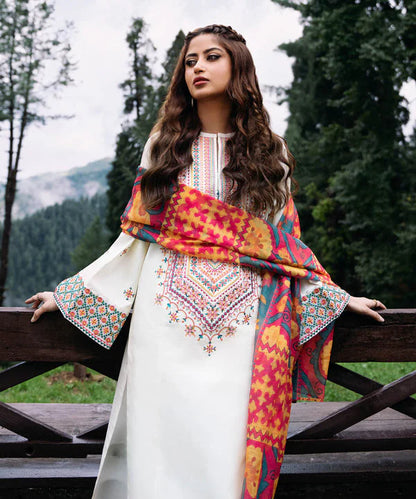 BrandsInn- 3PC DHANAK EMBROIDERED SHIRT WITH WOOL PRINT SHAWL AND TROUSER-BI-4087